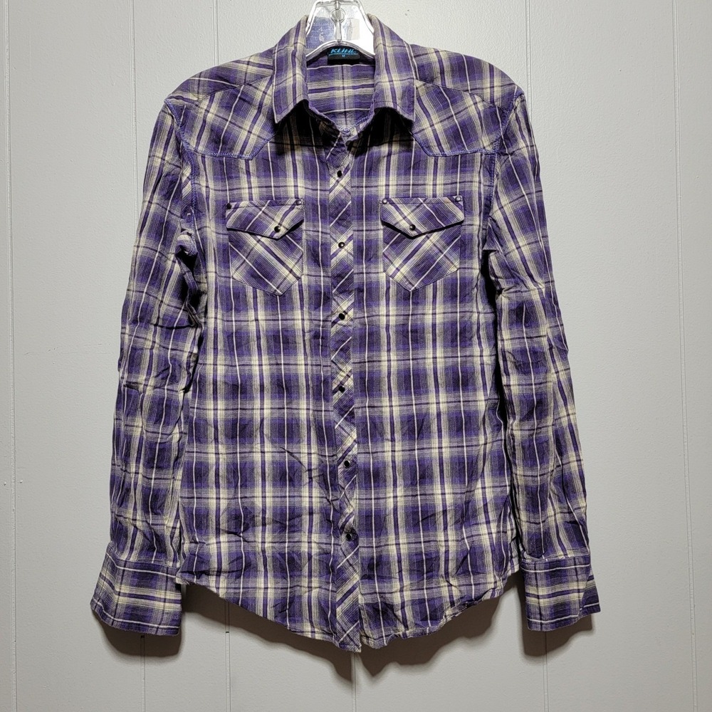 KUHL Plaid Long Sleeve Snap Front Western Shirt Mens Size Medium Purple Beige